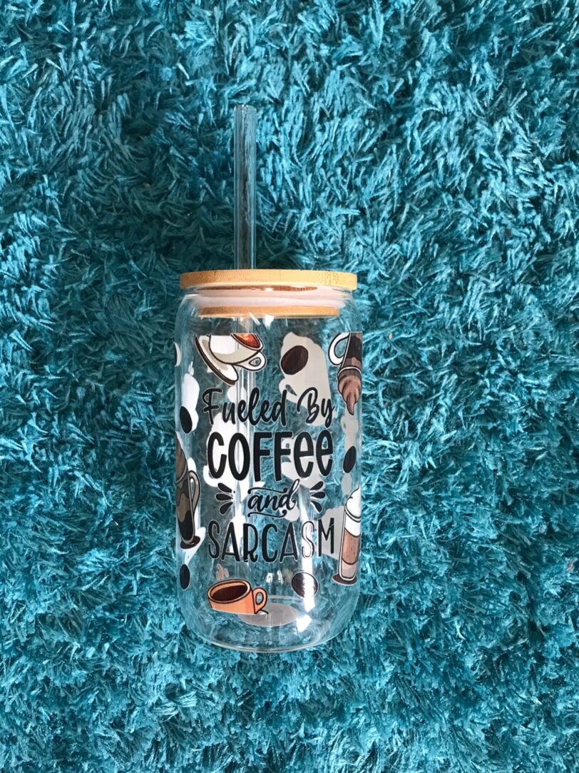 Fueled By Coffee And Sarcasm Glass Beer Can | Firefly Crafts and Creations