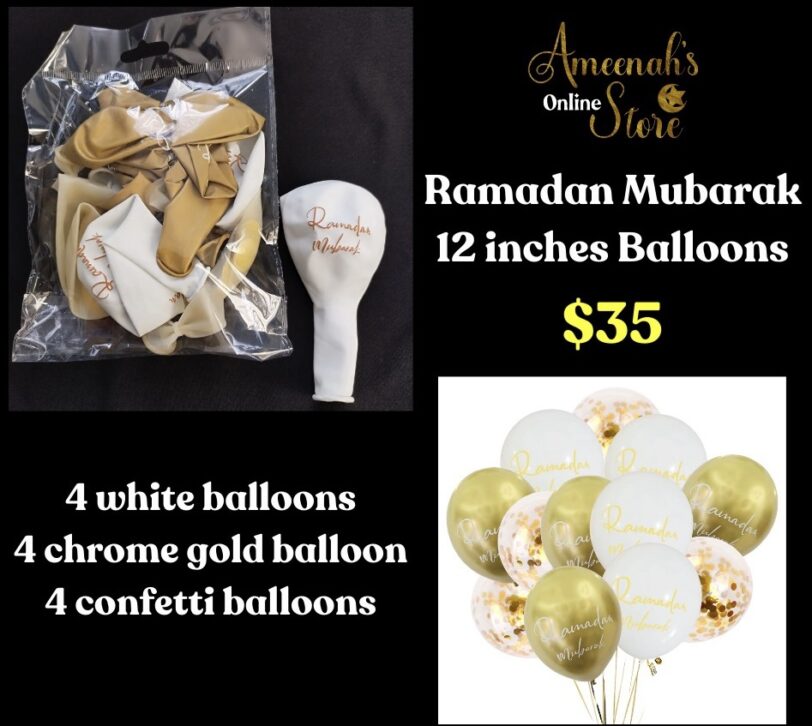 Ramadan Mubarak Balloons - White and Gold | Ameenah's Store